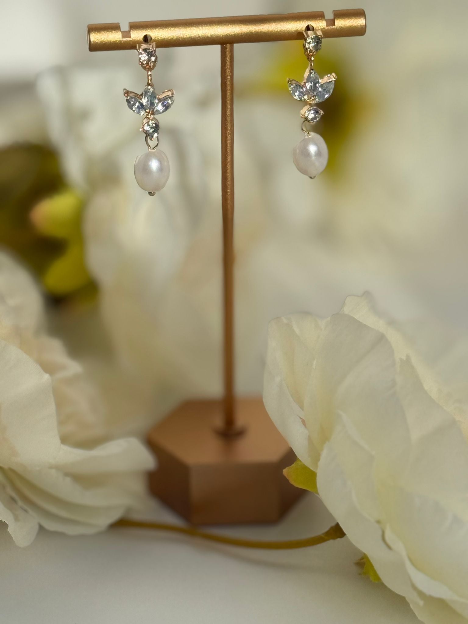 Pearl Drop Earrings with Crystal Accents – Gold Tone