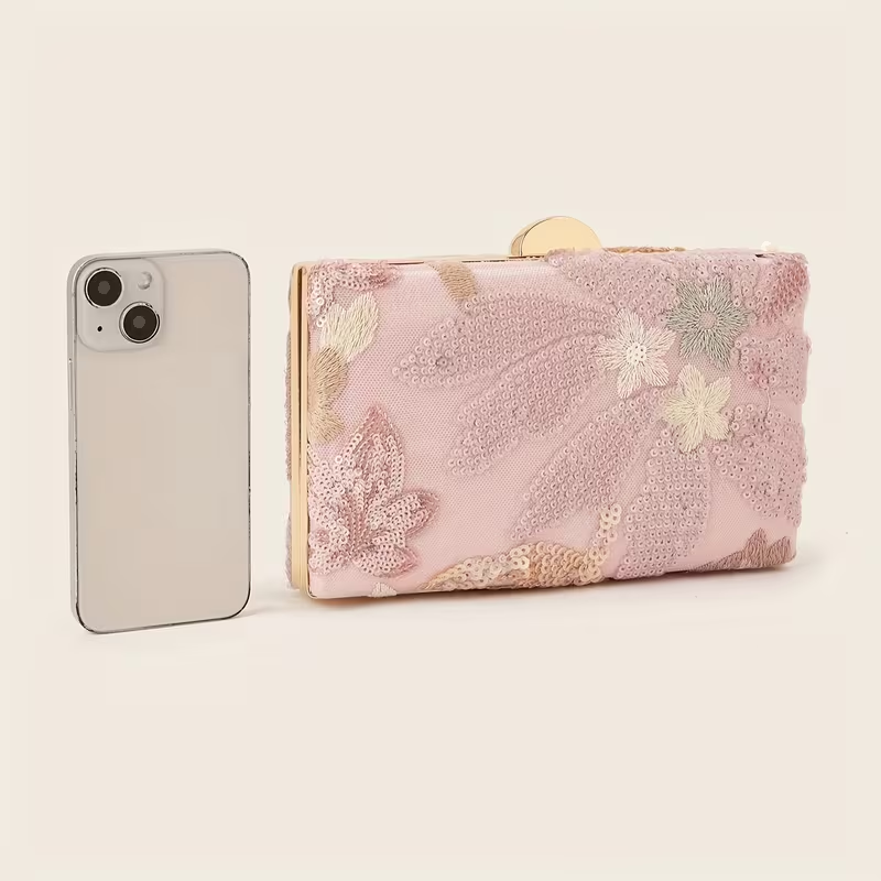 Blush Pink Sequin Floral Evening Clutch Bag