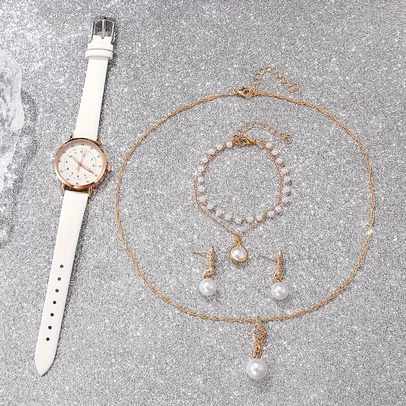 Luxury Watch & Pearl Jewelry Gift Set (4-Piece Bundle)