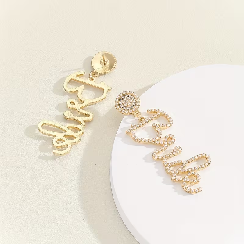 Golden Rhinestone “Bride” Statement Earrings