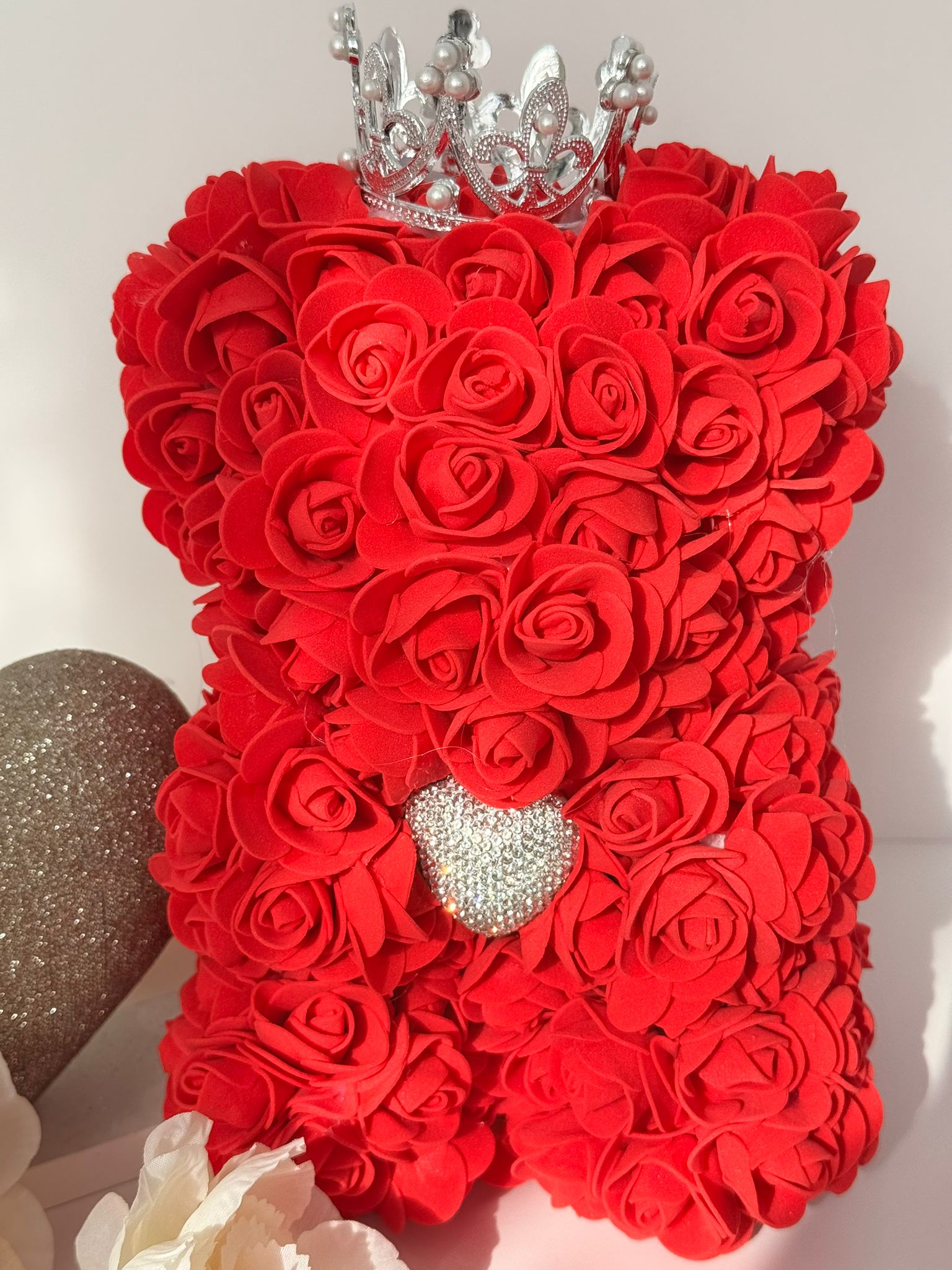 Red Rose Teddy Bear with Crown & Crystal Heart