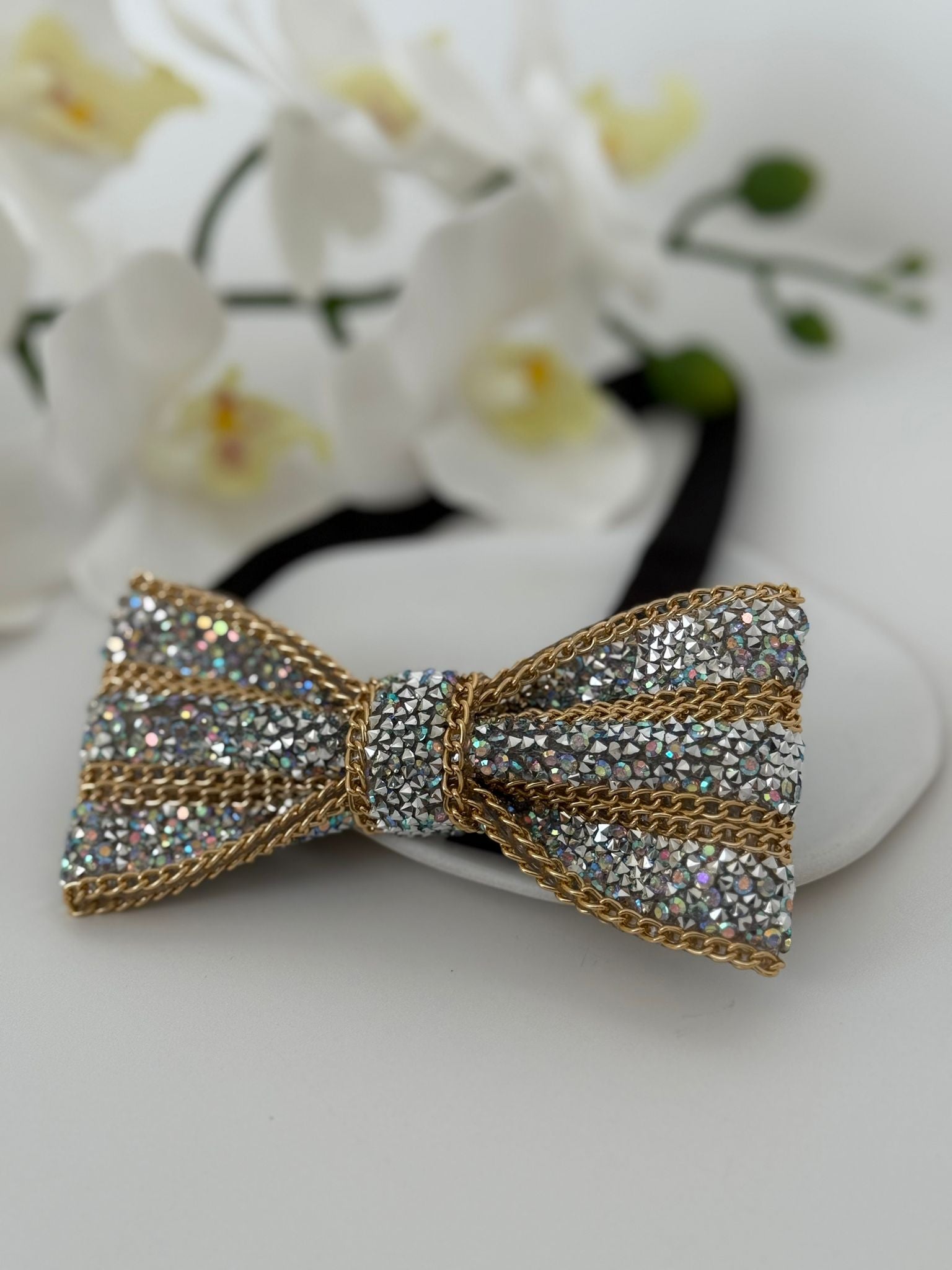 Luxury Crystal & Gold Chain Statement Bow Tie