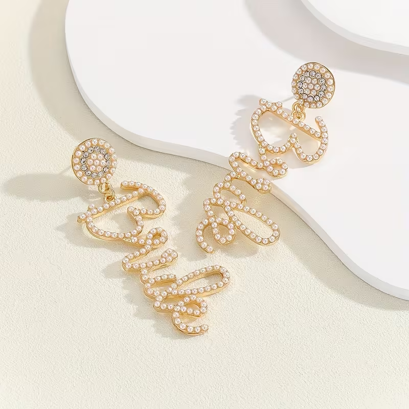 Golden Rhinestone “Bride” Statement Earrings