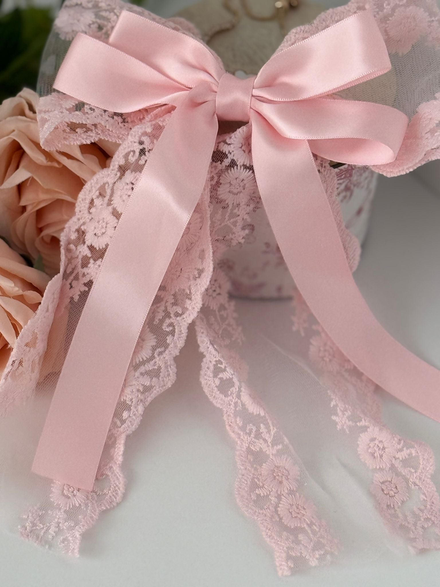 Large Pink Dovetail Lace Bow with Satin Ribbon
