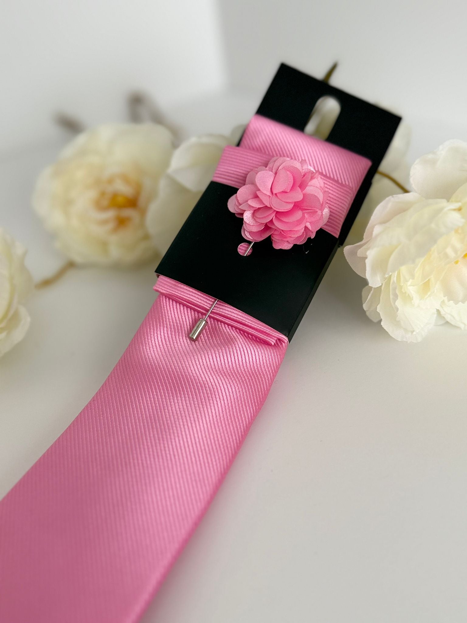 Men’s Light Pink Satin Tie Set with Lapel Flower & Tie Pin