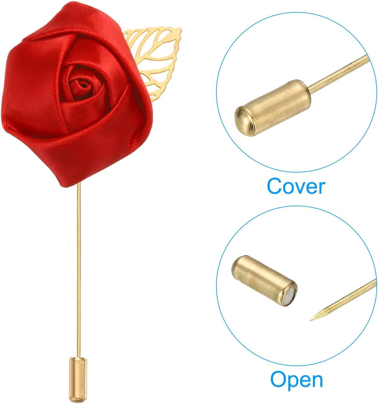 Men’s Red Satin Tie Set with Pocket Square & Rose Lapel Pin