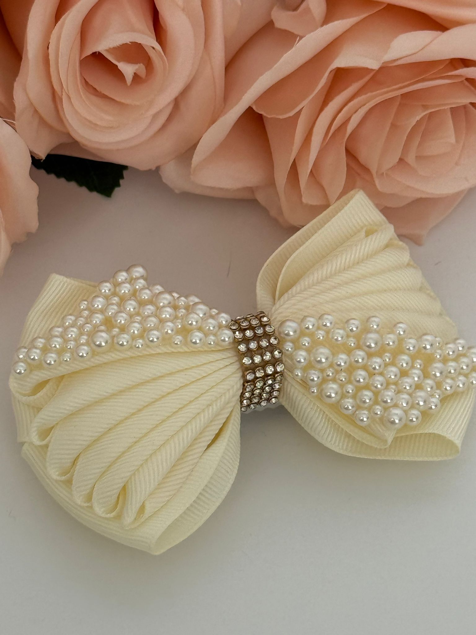 Pearl-Embellished Ivory Bow Hair Clip