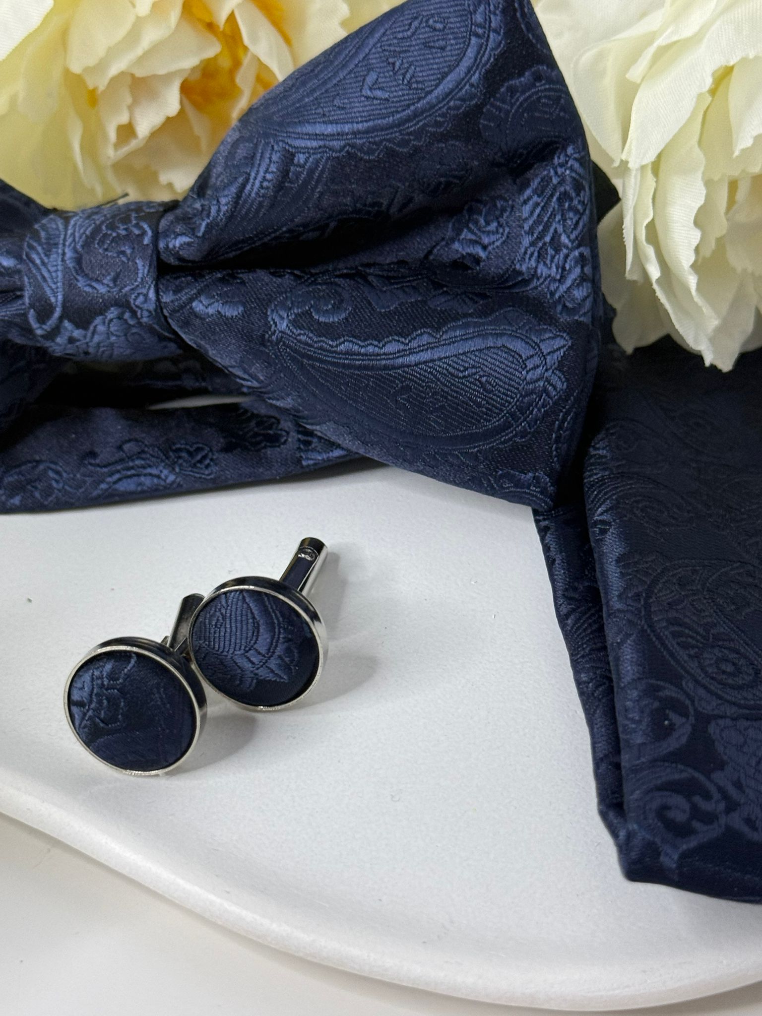Navy Paisley Bow Tie & Cufflink Set