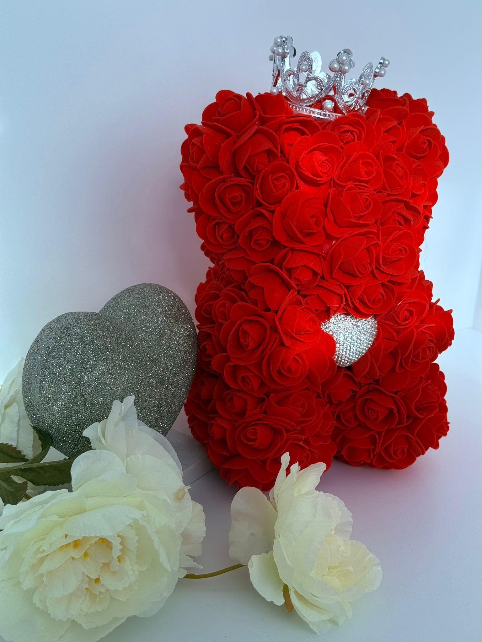 Red Rose Teddy Bear with Crown & Crystal Heart