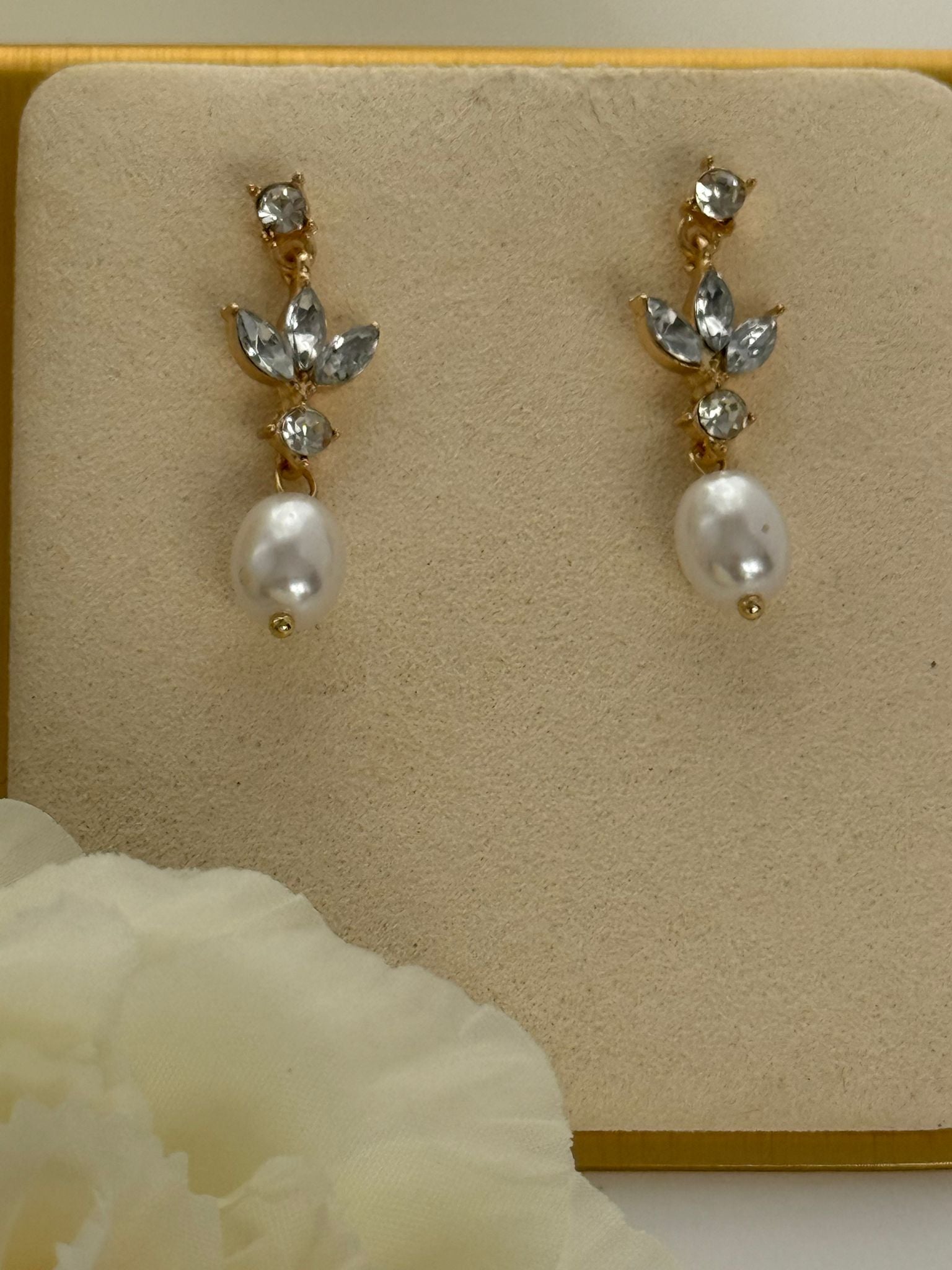 Pearl Drop Earrings with Crystal Accents – Gold Tone