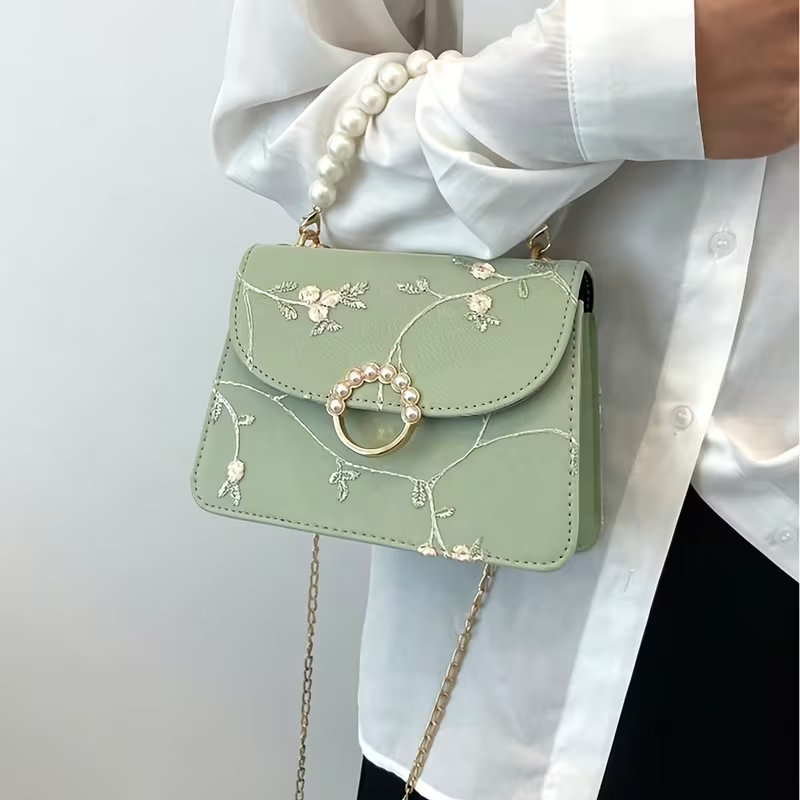Mint Green Floral Embroidered Handbag with Pearl Handle