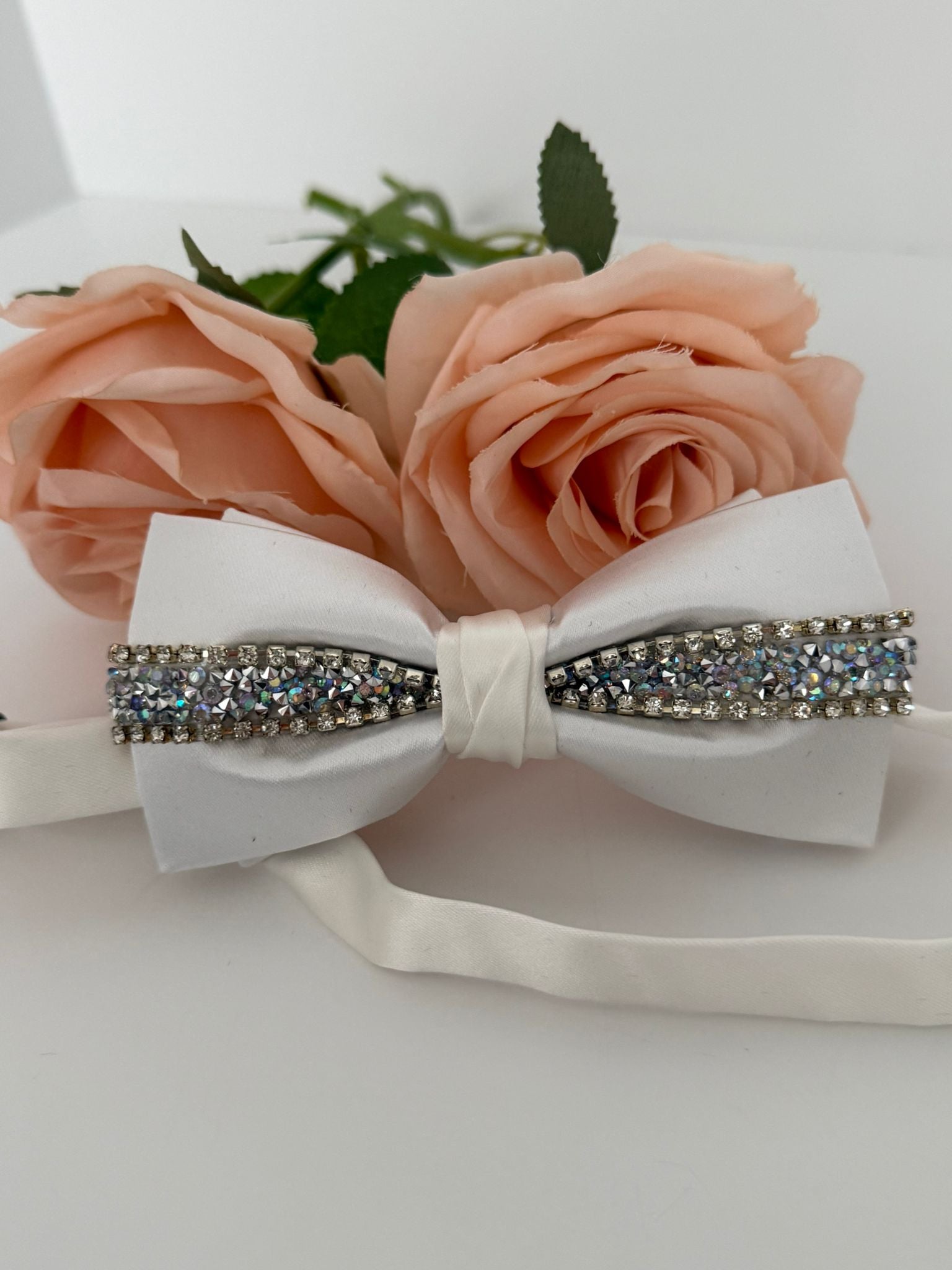 Luxury White Satin Rhinestone Bow Tie