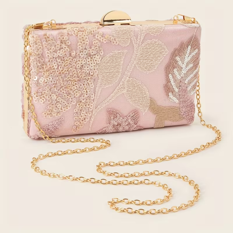 Blush Pink Sequin Floral Evening Clutch Bag