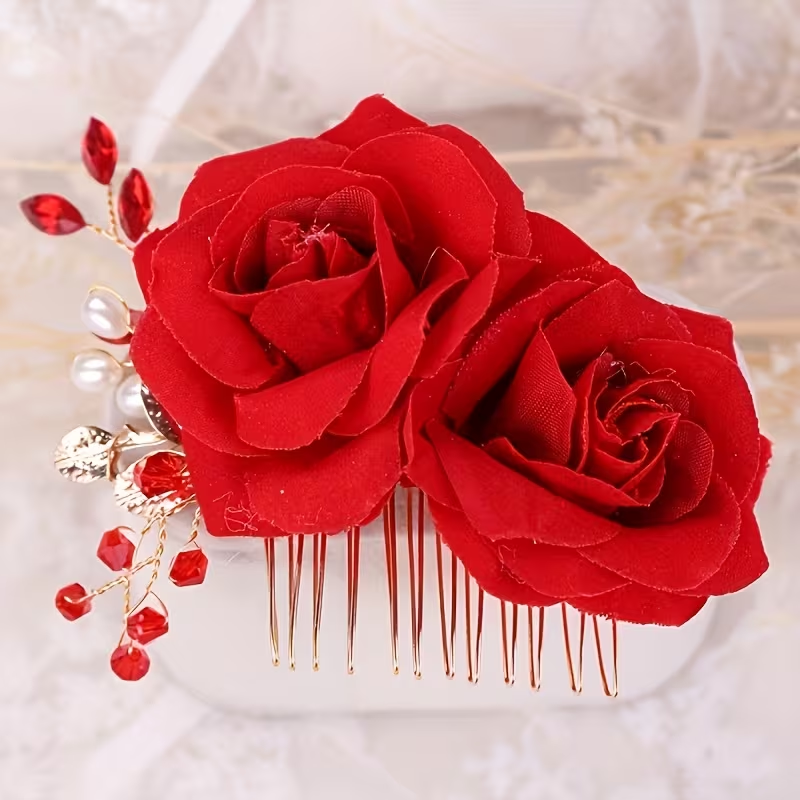Red Rose Floral Hair Comb