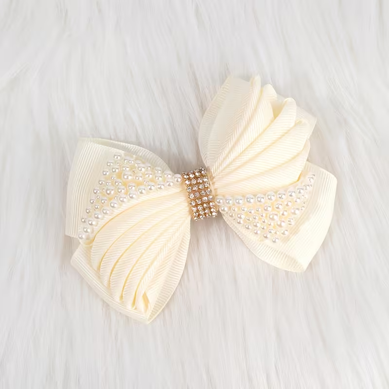 Pearl-Embellished Ivory Bow Hair Clip