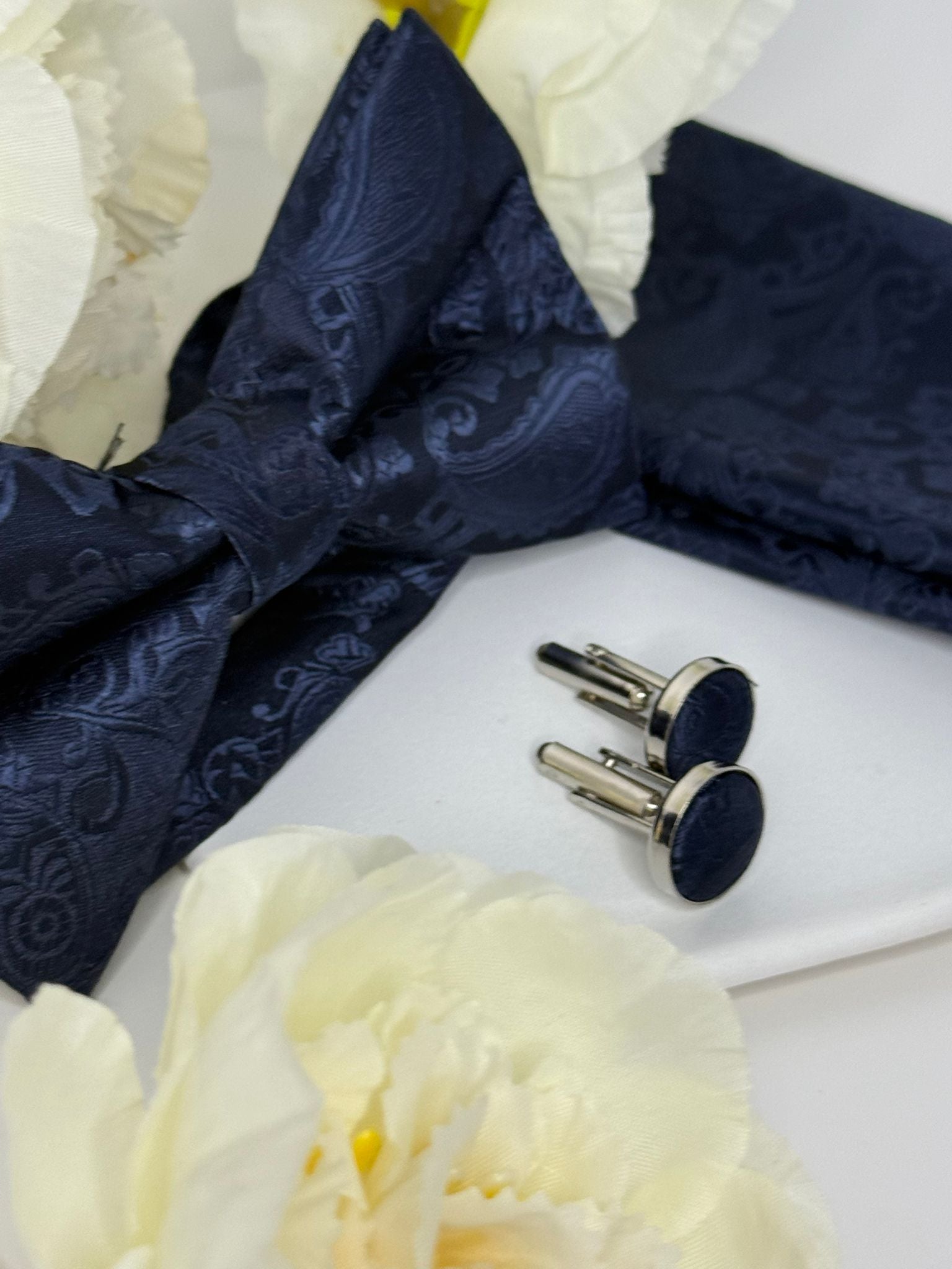 Navy Paisley Bow Tie & Cufflink Set