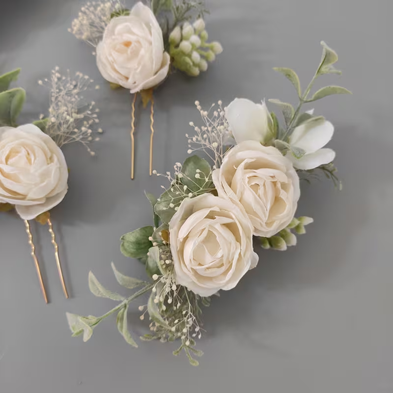 3-Piece Ivory Rose Bridal Hair Pin Set