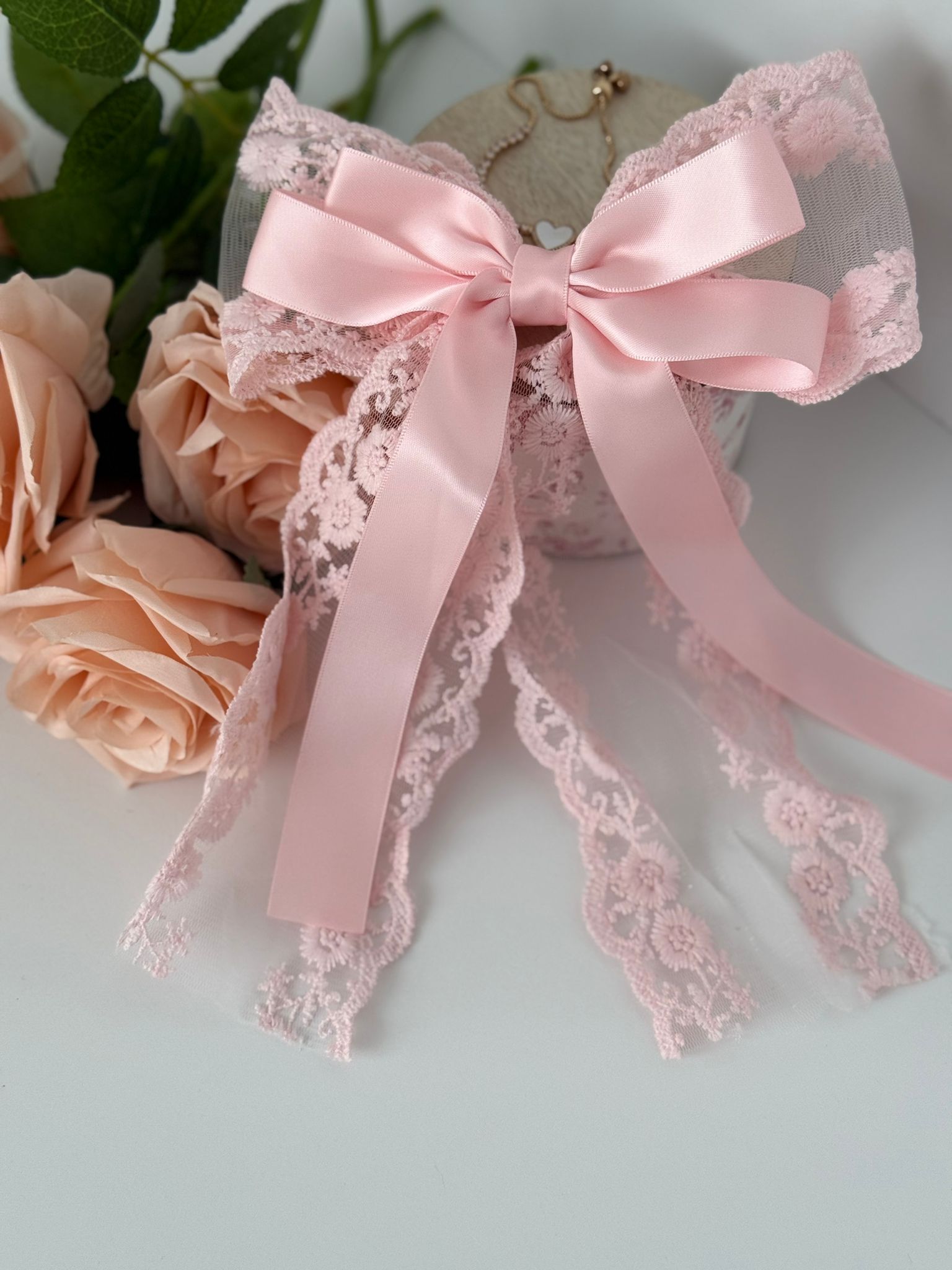 Large Pink Dovetail Lace Bow with Satin Ribbon