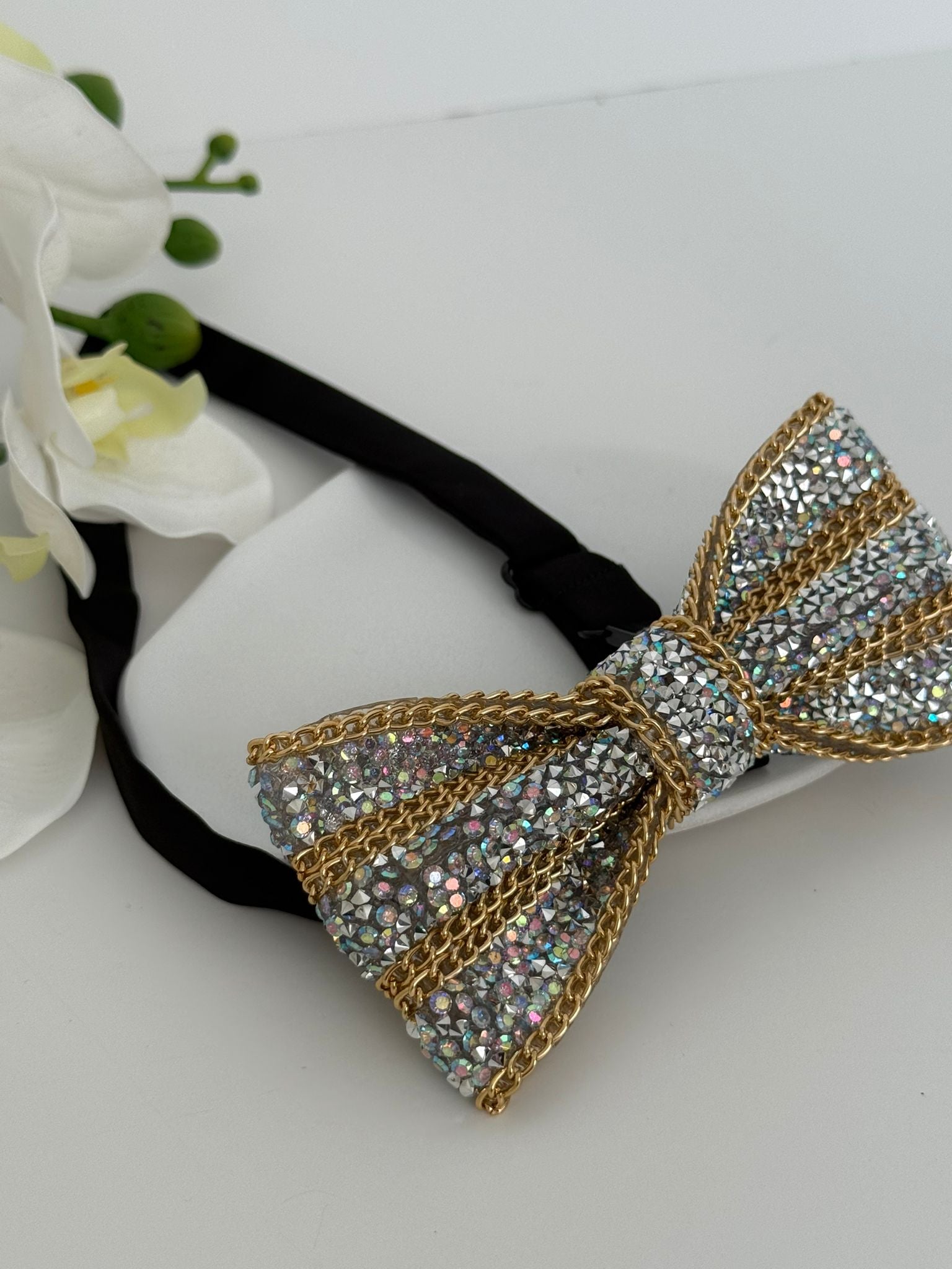 Luxury Crystal & Gold Chain Statement Bow Tie