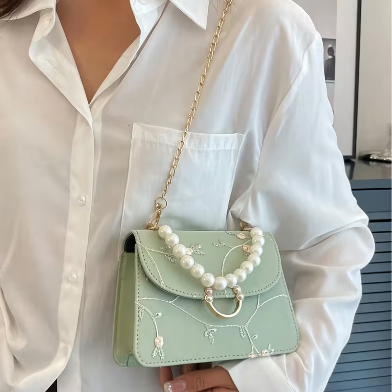 Mint Green Floral Embroidered Handbag with Pearl Handle