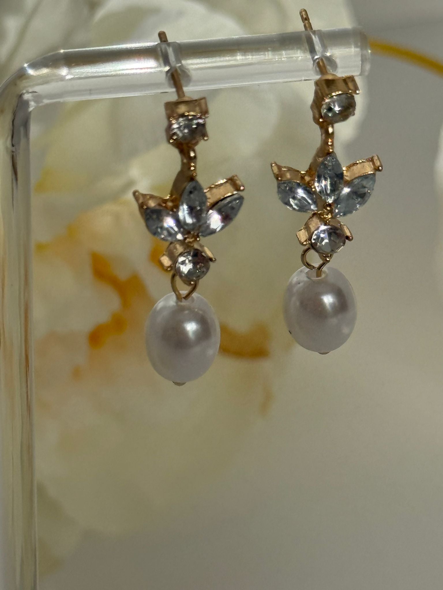 Pearl Drop Earrings with Crystal Accents – Gold Tone