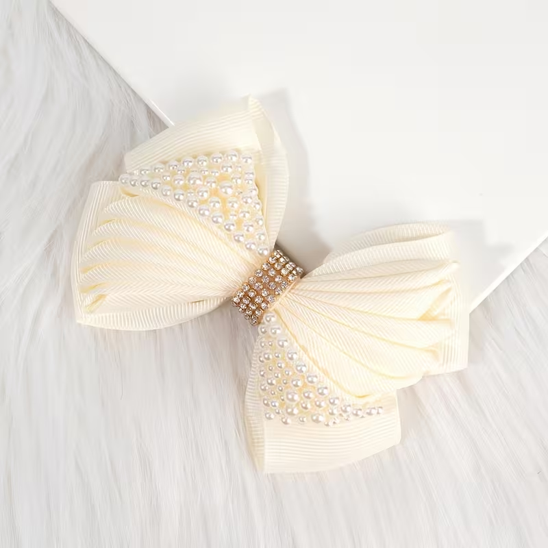 Pearl-Embellished Ivory Bow Hair Clip