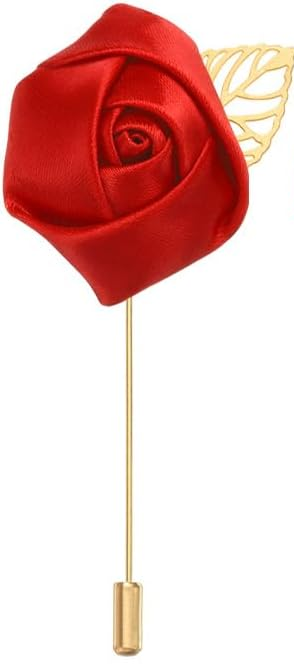 Men’s Red Satin Tie Set with Pocket Square & Rose Lapel Pin
