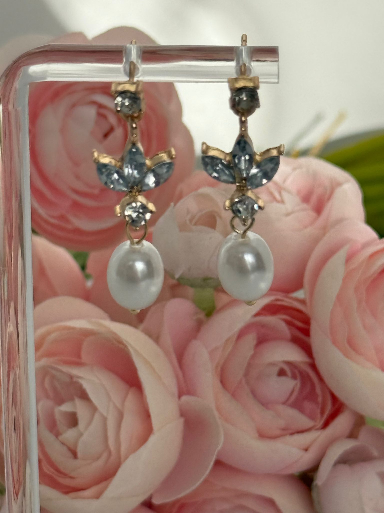 Pearl Drop Earrings with Crystal Accents – Gold Tone