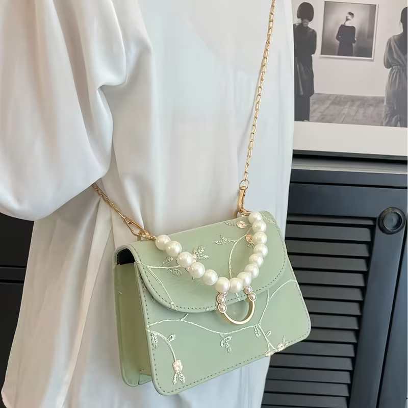 Mint Green Floral Embroidered Handbag with Pearl Handle