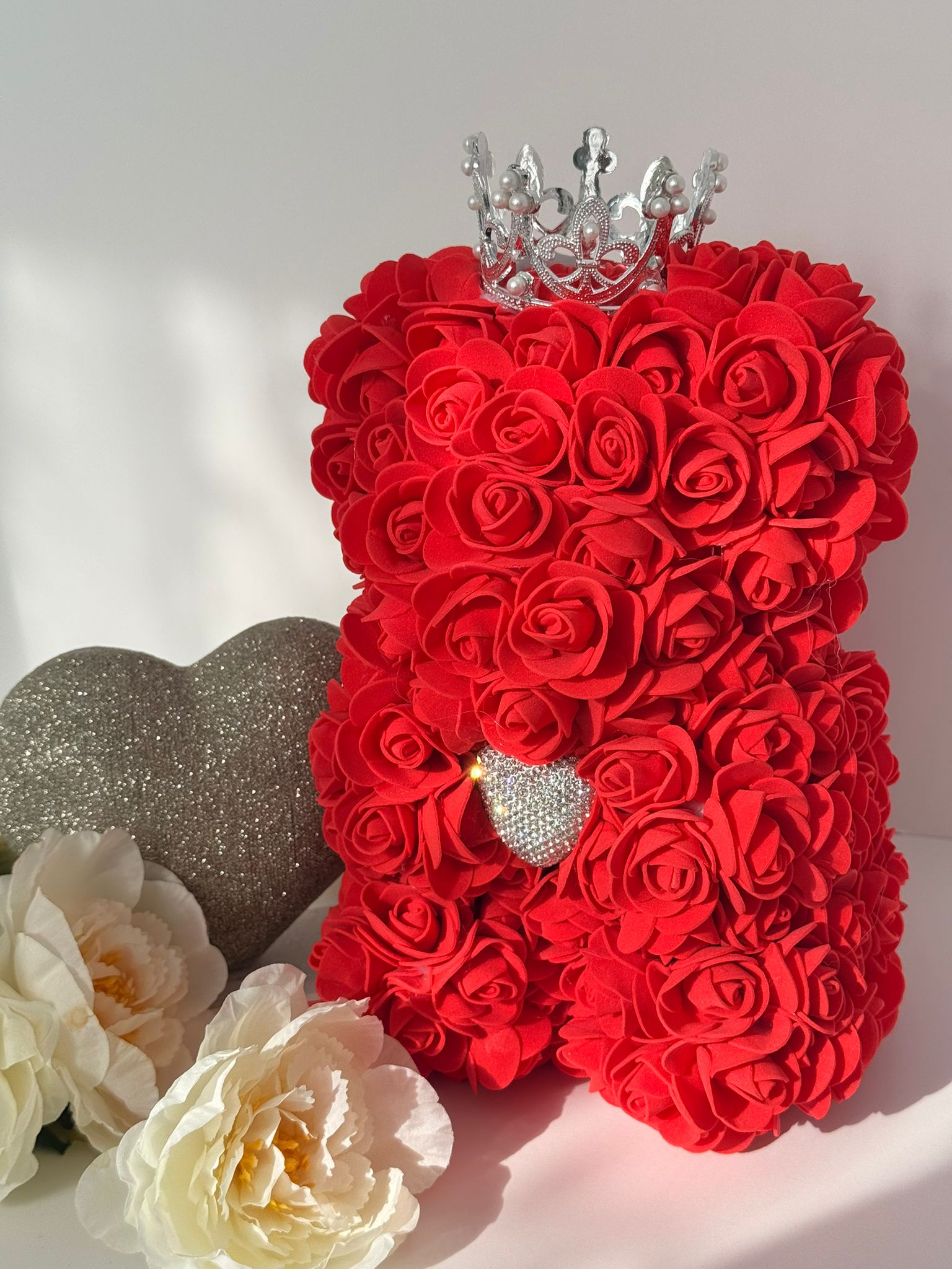 Red Rose Teddy Bear with Crown & Crystal Heart