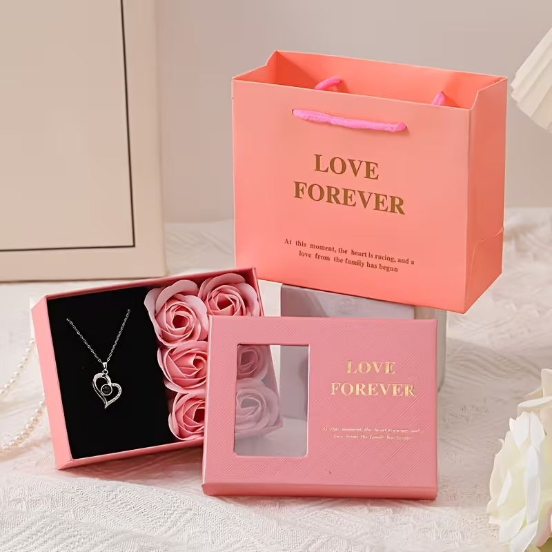 Luxury Rose Gift Box with Heart Necklace