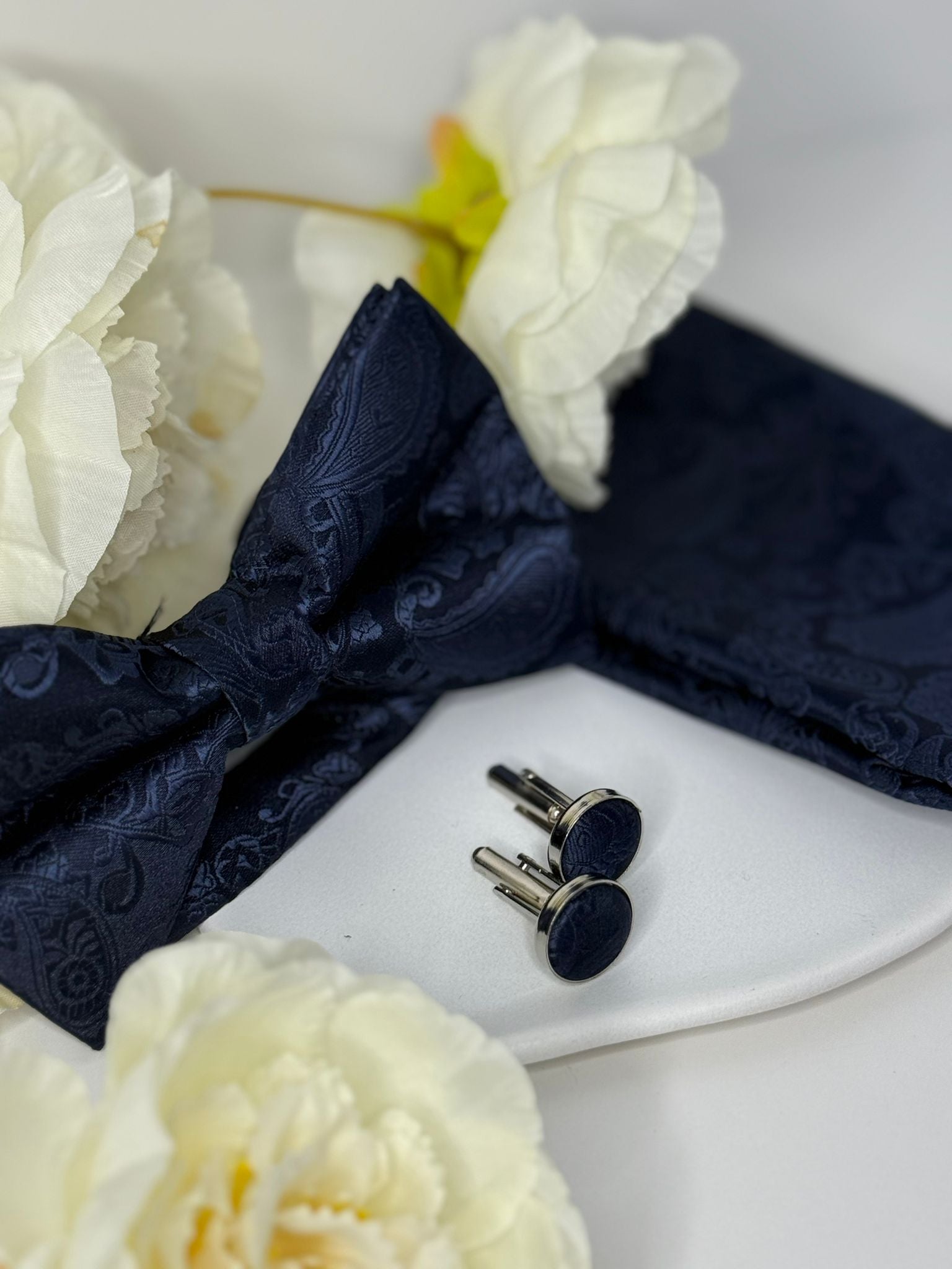 Navy Paisley Bow Tie & Cufflink Set