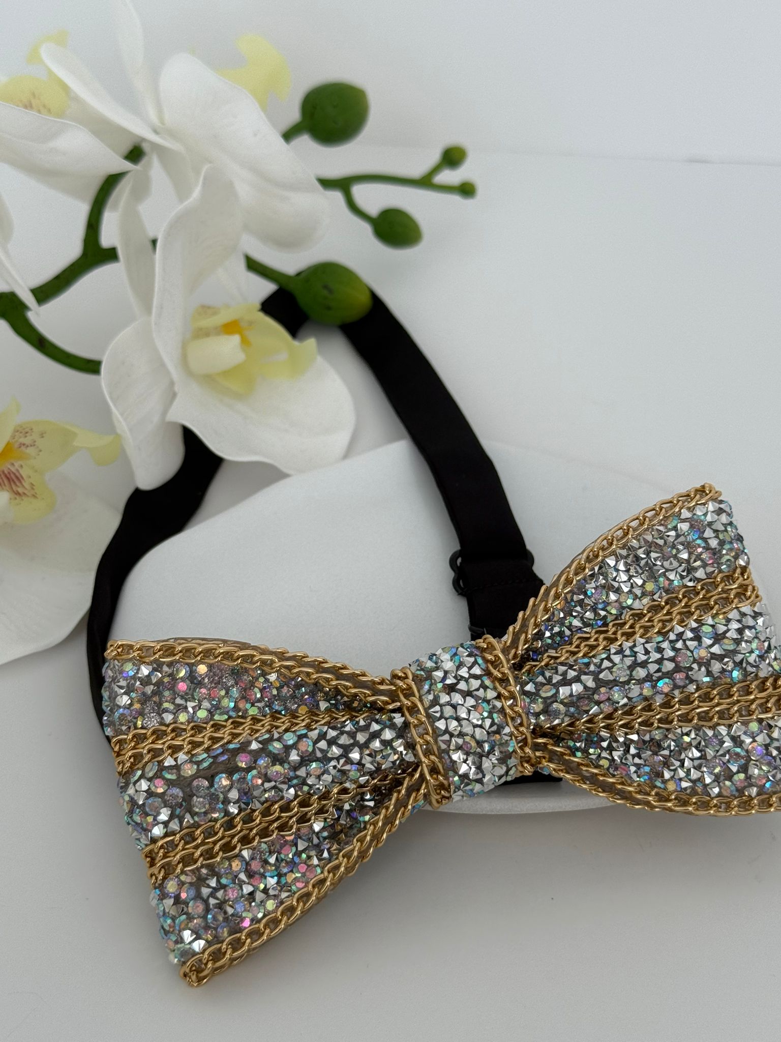 Luxury Crystal & Gold Chain Statement Bow Tie