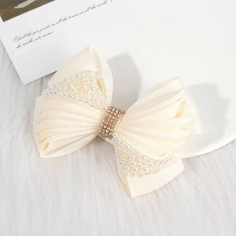 Pearl-Embellished Ivory Bow Hair Clip