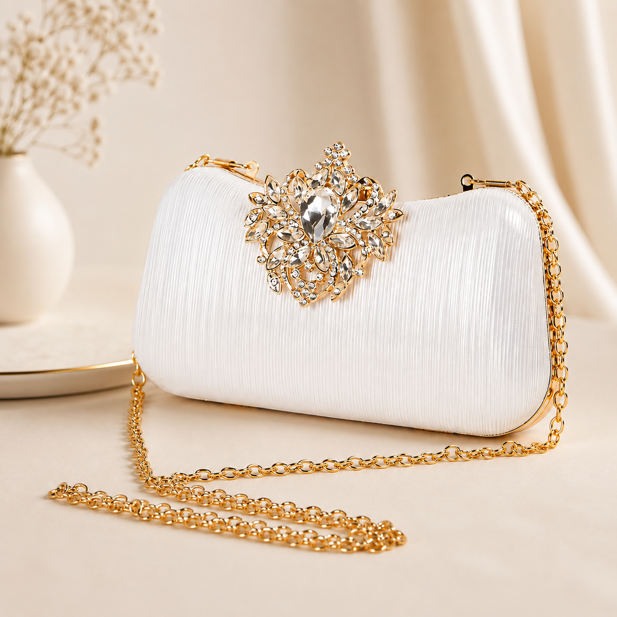 White Handbag with Crystal Clasp