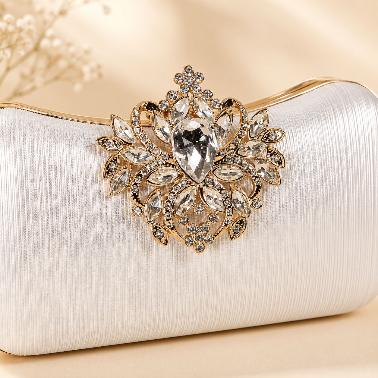 White Handbag with Crystal Clasp