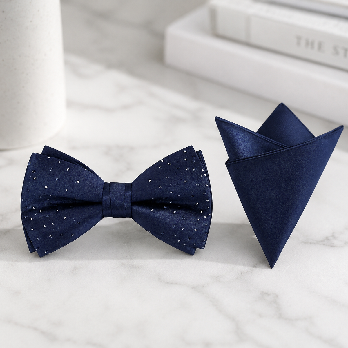 Rhinestone Navy Blue Satin Bow Tie & Pocket Square Set