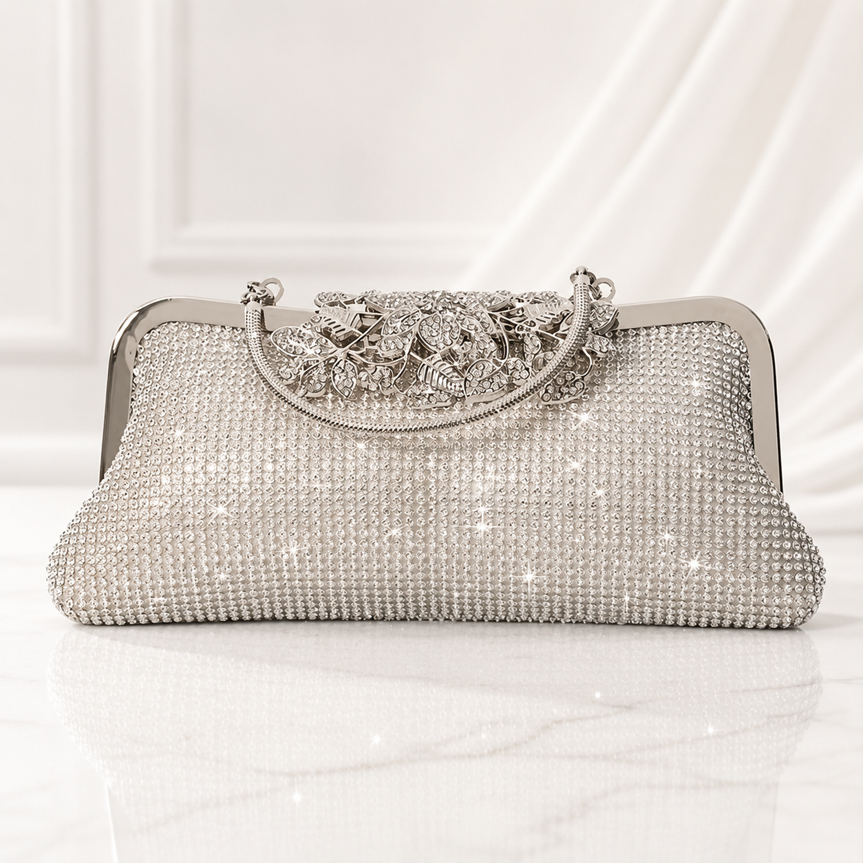 Silver Crystal Rhinestone Evening Clutch