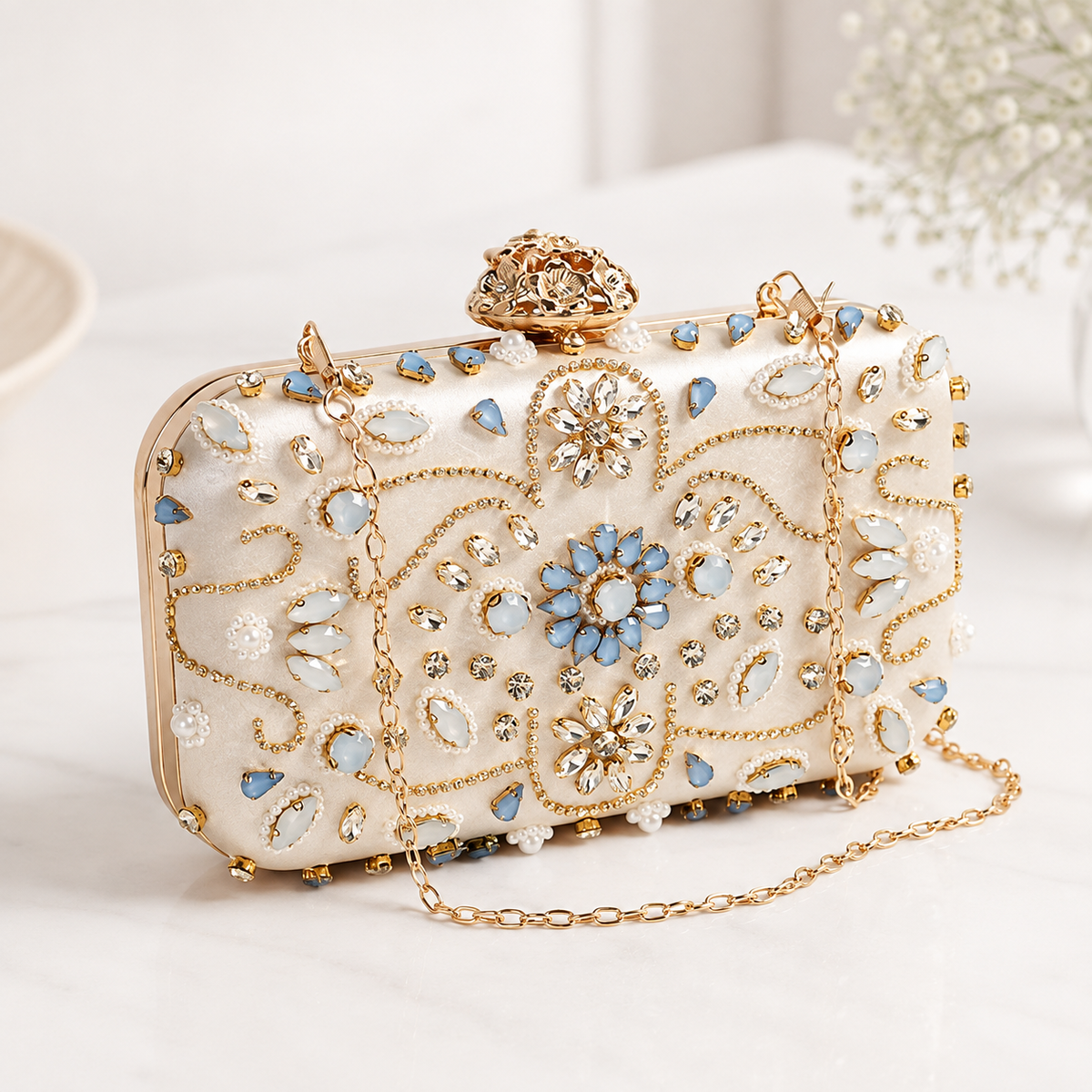 Gold Floral Jeweled Clutch with Blue Accents