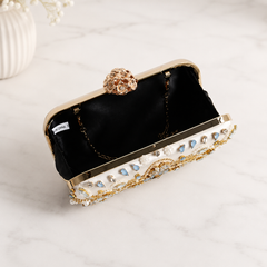 Gold Floral Jeweled Clutch with Blue Accents