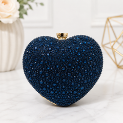 Navy Blue Crystal Heart Evening Clutch