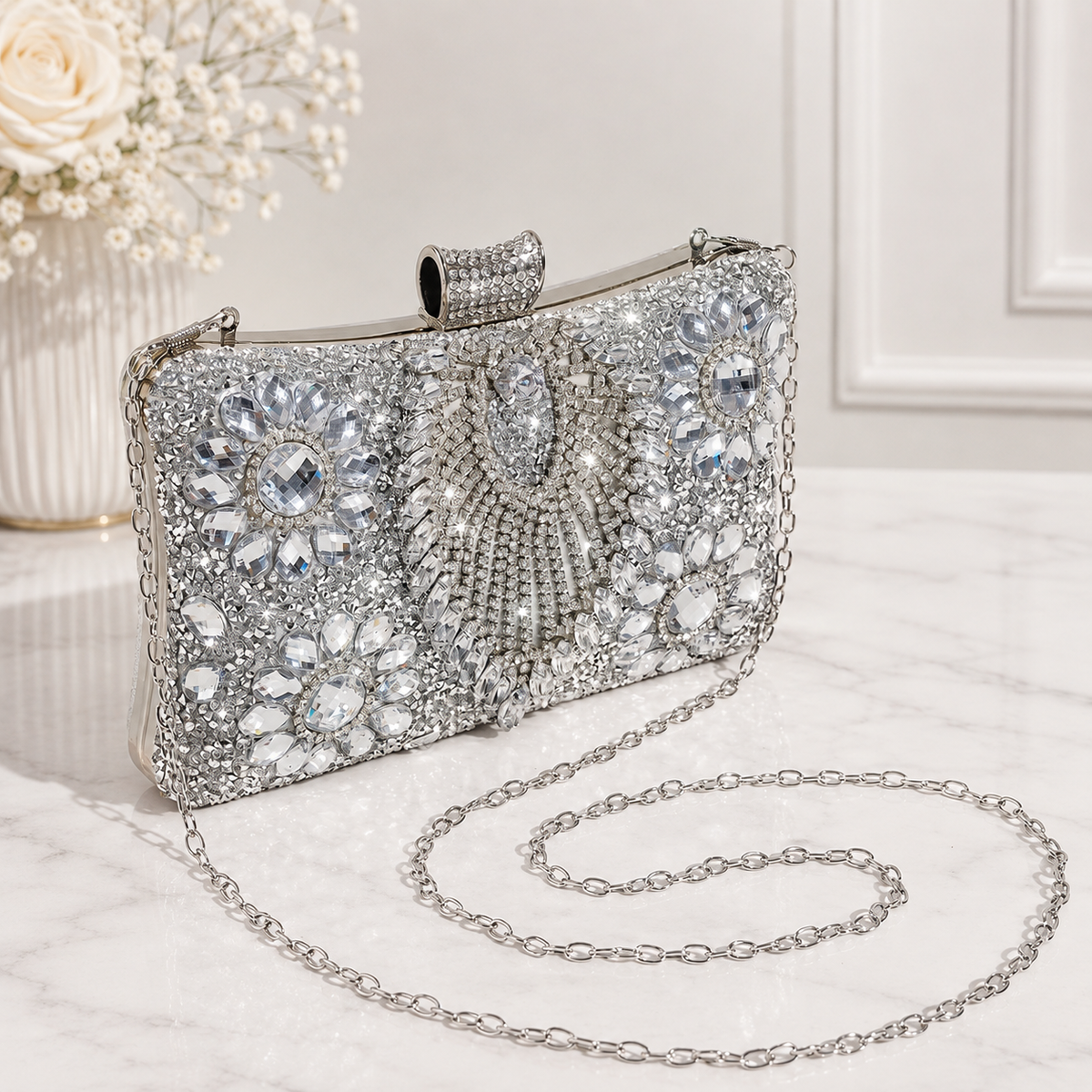 Luxury Silver Crystal Evening Clutch