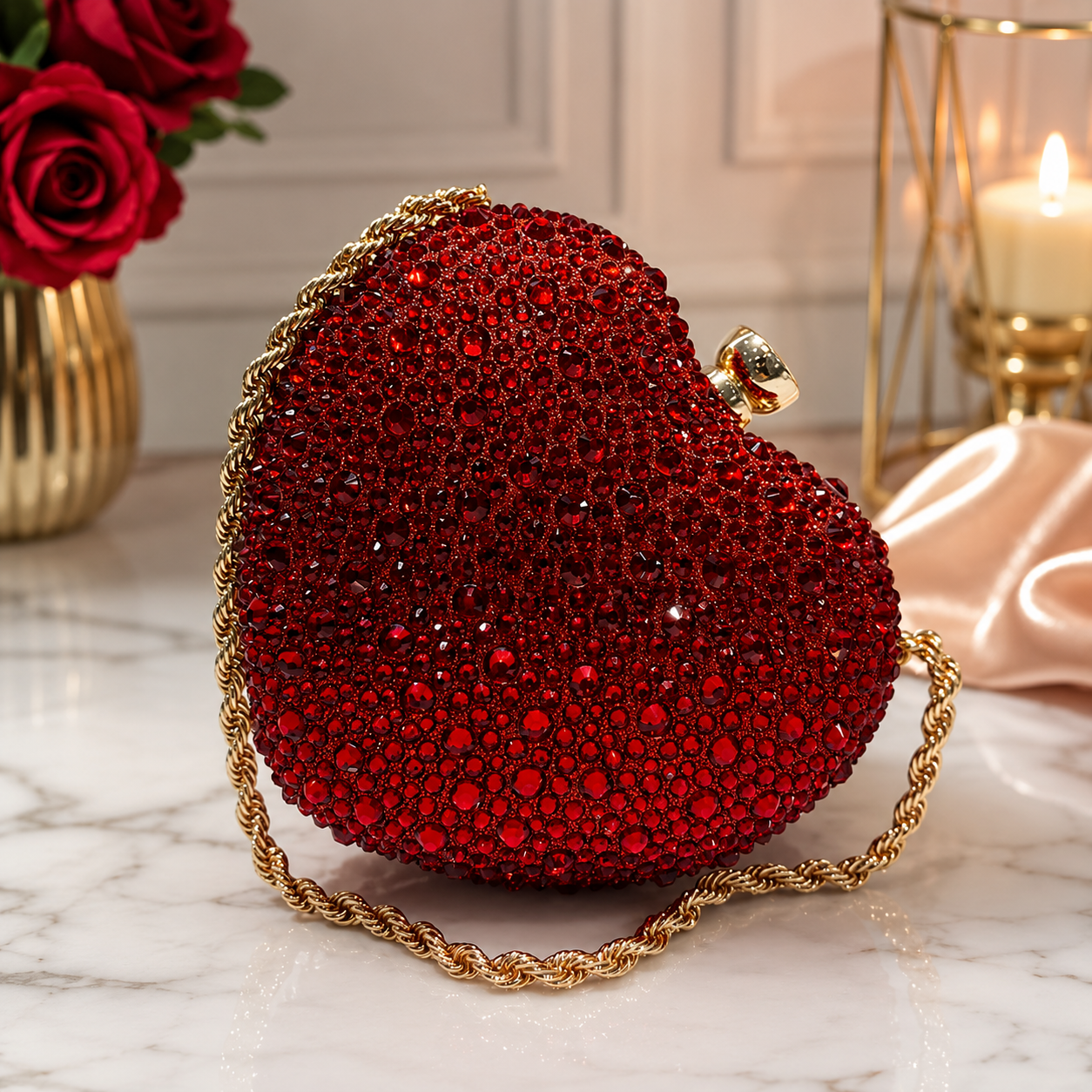 Luxury Red Crystal Heart Clutch Purse