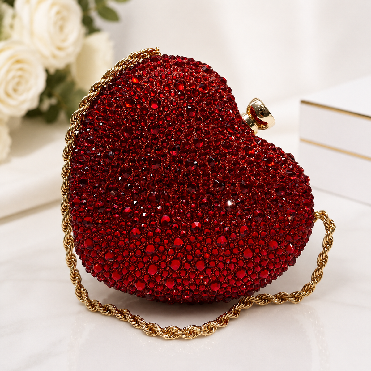 Luxury Red Crystal Heart Clutch Purse