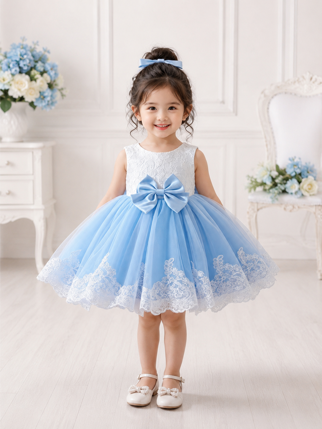 Sky Blue Princess Lace & Tulle Dress for Girls