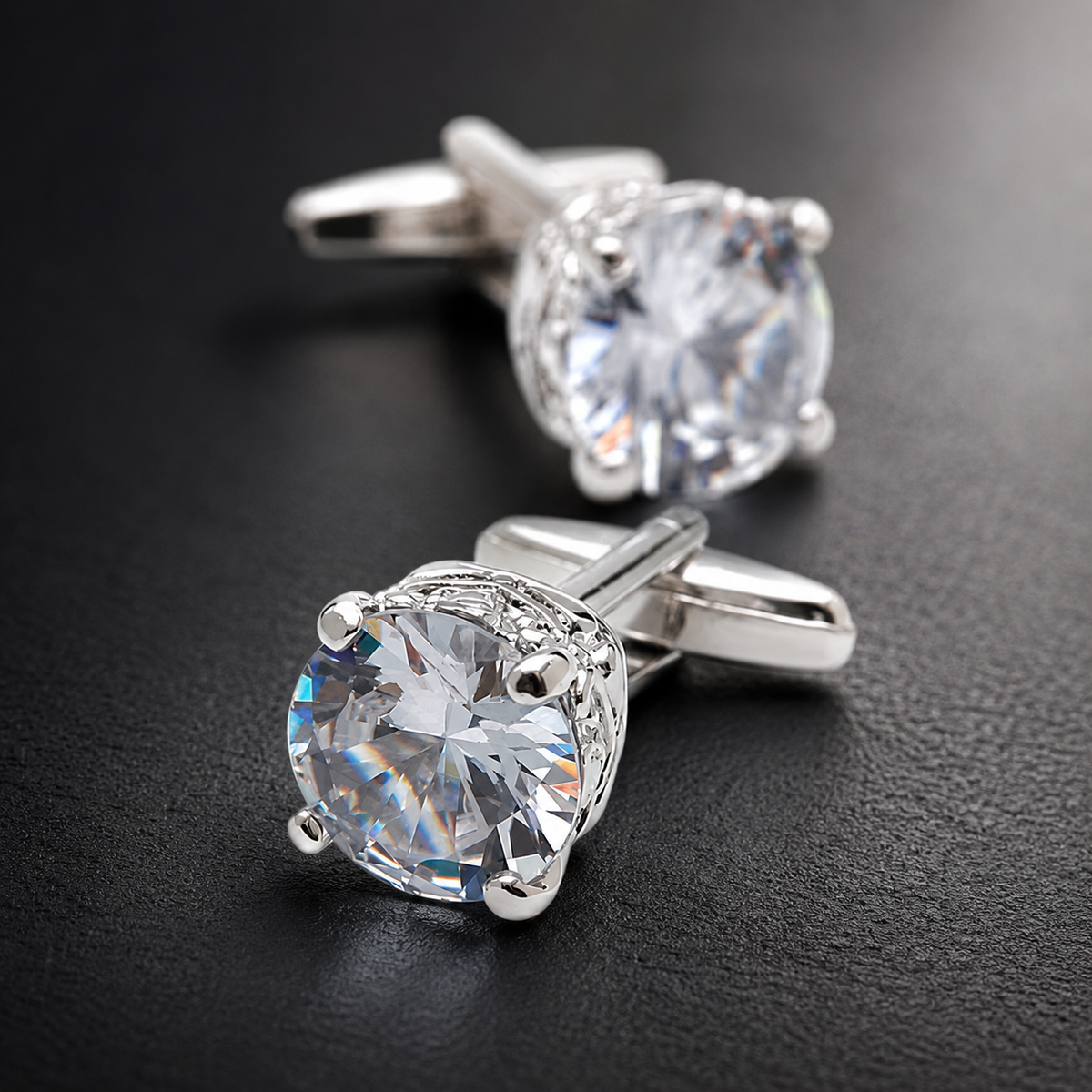Luxury Men's Silver Tone Crystal Cufflinks