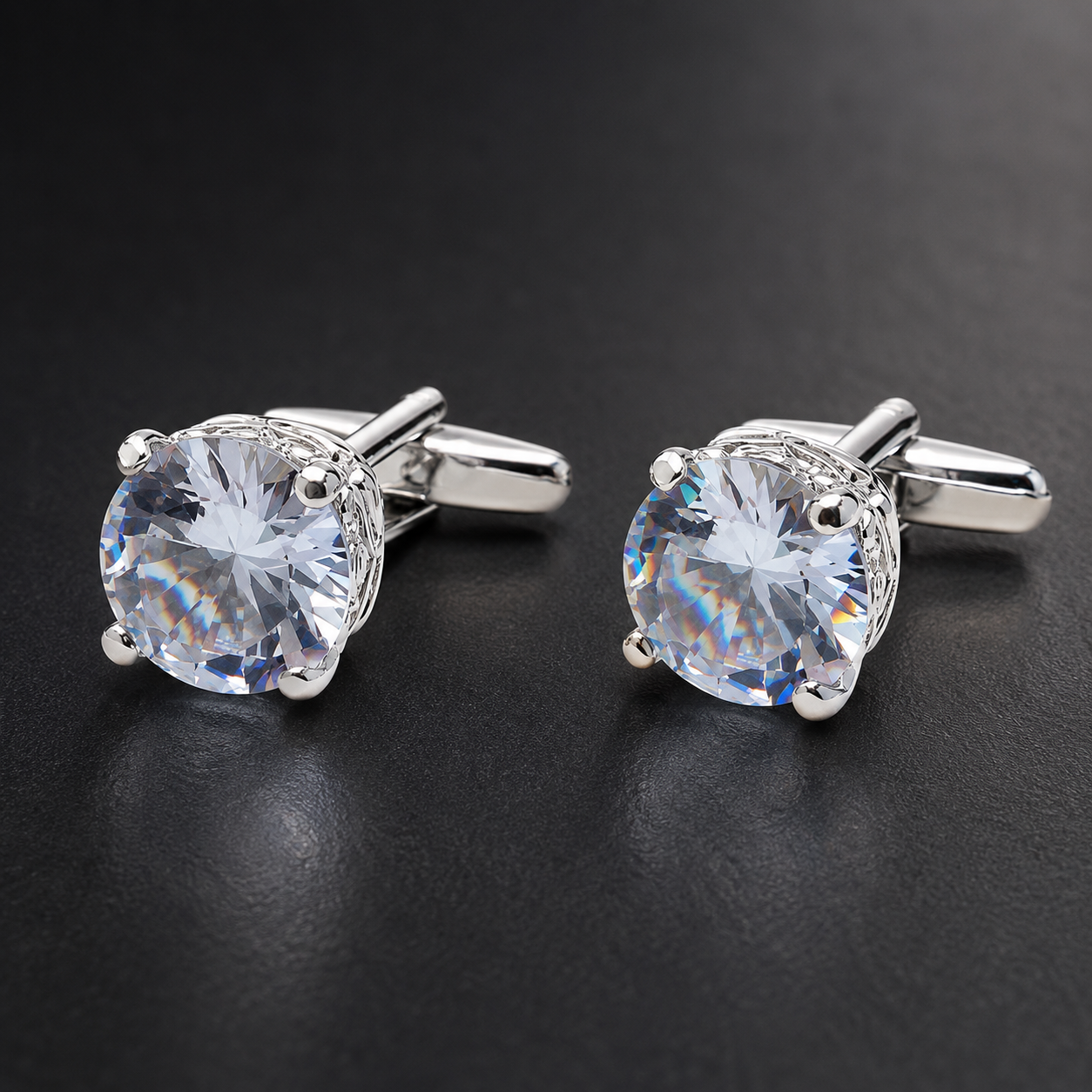 Luxury Men's Silver Tone Crystal Cufflinks