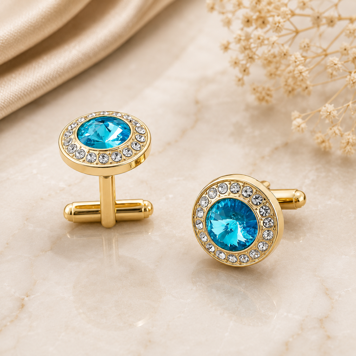 Luxury Gold-Tone Aquamarine Crystal Cufflinks for Men