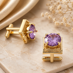 Luxury Gold Amethyst Purple Crystal Cufflinks for Men