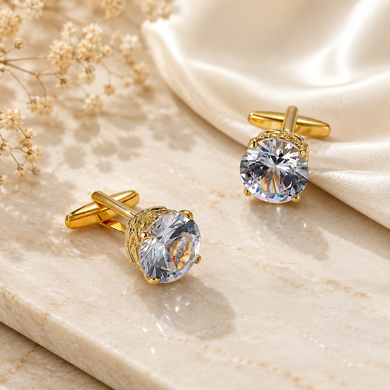 Luxury Golden Round Cubic Zirconia Cufflinks